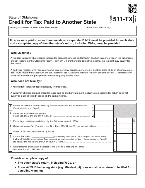 Form 511-TX Credit for Tax Paid to Another State - Oklahoma, 2023