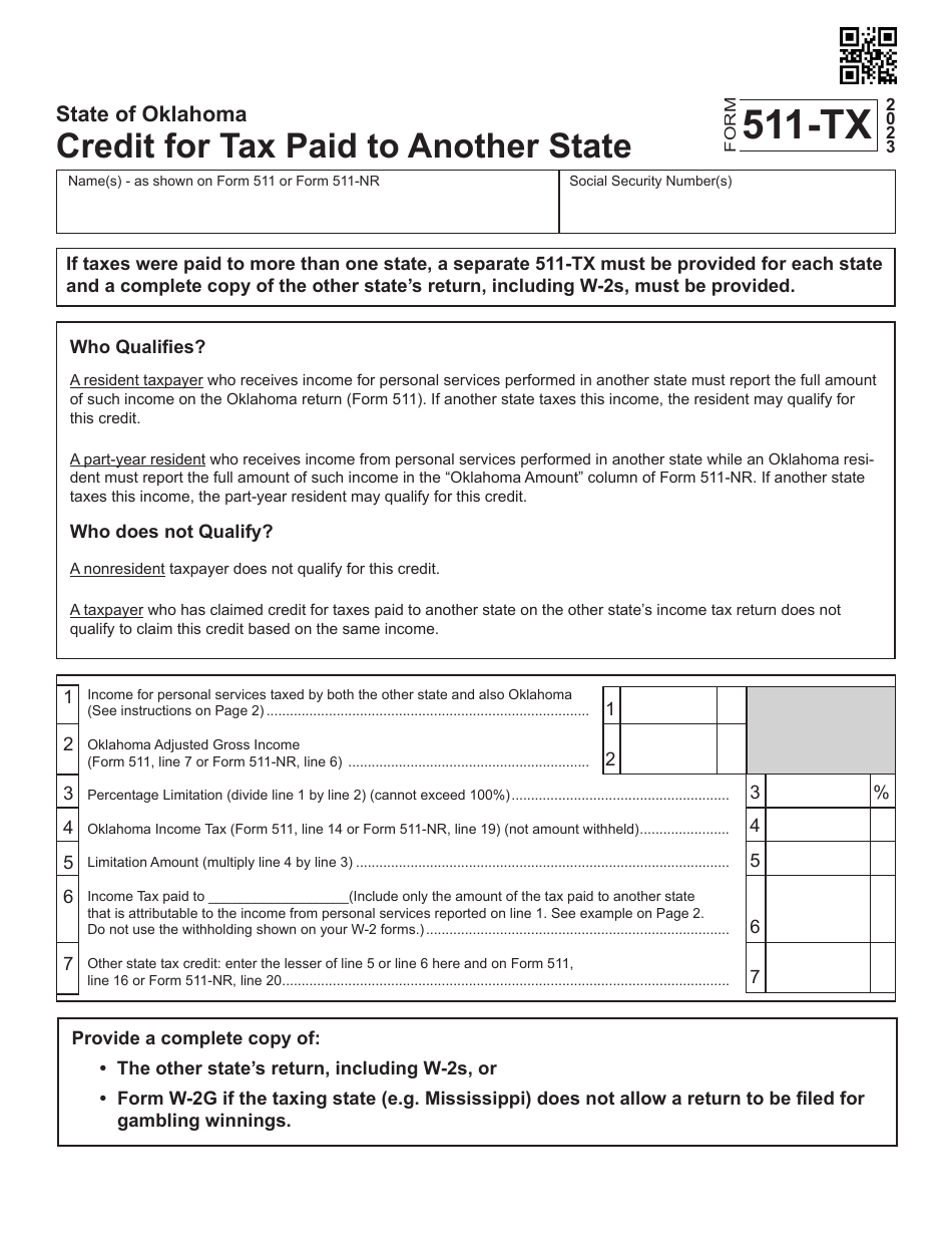 Form 511-TX Credit for Tax Paid to Another State - Oklahoma, Page 1
