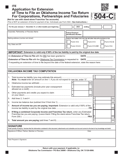 Form 504-C Application for Extension of Time to File an Oklahoma Income Tax Return for Corporations, Partnerships and Fiduciaries - Oklahoma, 2023