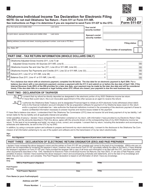 Form 511-EF Oklahoma Individual Income Tax Declaration for Electronic Filing - Oklahoma, 2023