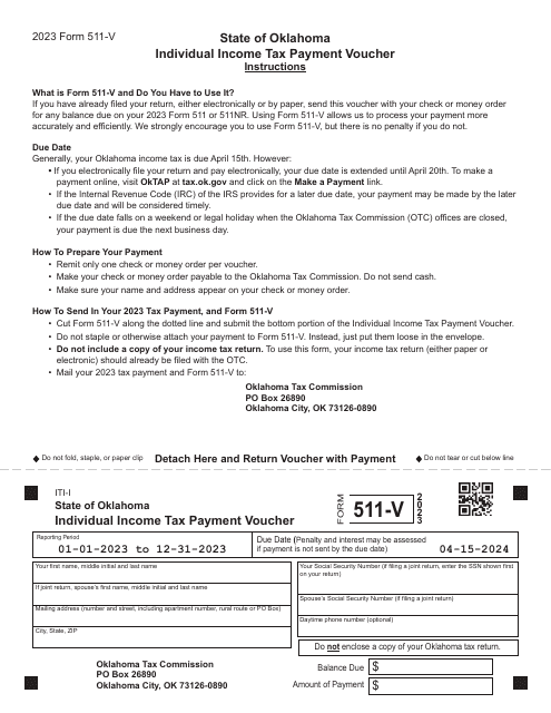 Form 511-V Individual Income Tax Payment Voucher - Oklahoma, 2023