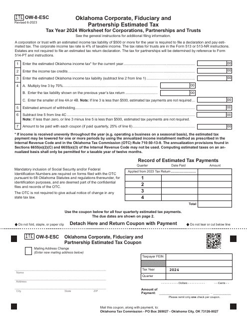 Form OW-8-ESC Oklahoma Corporate, Fiduciary and Partnership Estimated Tax Worksheet for Corporations, Partnerships and Ttusts - Oklahoma, 2024