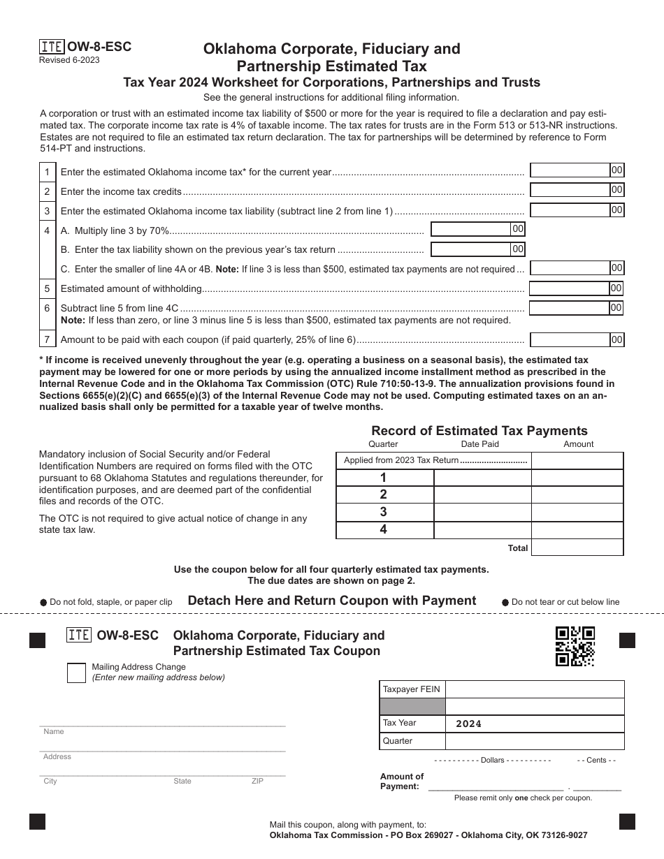 Form OW-8-ESC Oklahoma Corporate, Fiduciary and Partnership Estimated Tax Worksheet for Corporations, Partnerships and Ttusts - Oklahoma, Page 1