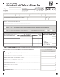 Document preview: Form 538-S Claim for Credit/Refund of Sales Tax - Oklahoma, 2023