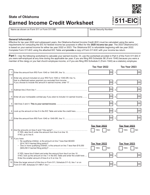 Form 511-EIC Earned Income Credit Worksheet - Oklahoma, 2023