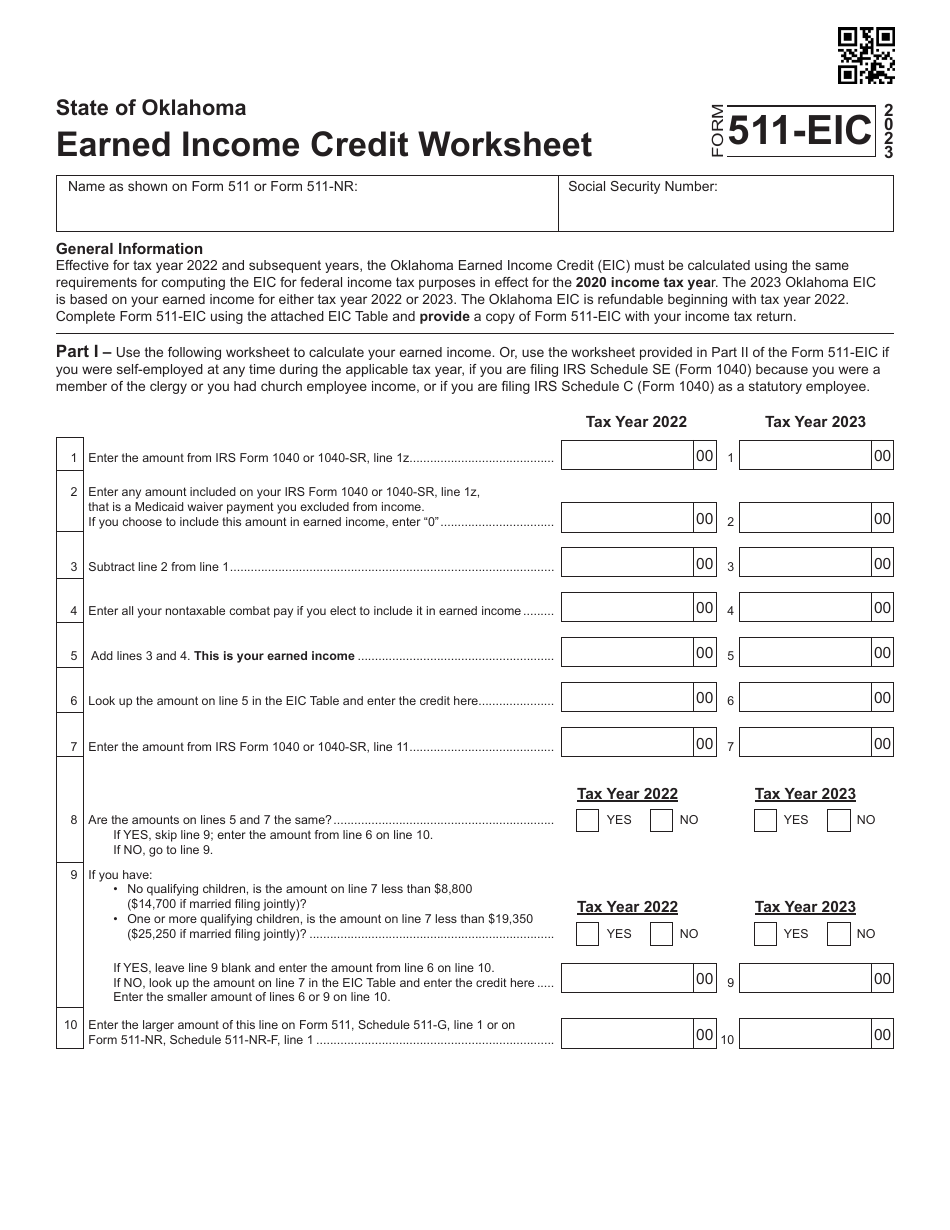 Form 511-EIC Earned Income Credit Worksheet - Oklahoma, Page 1