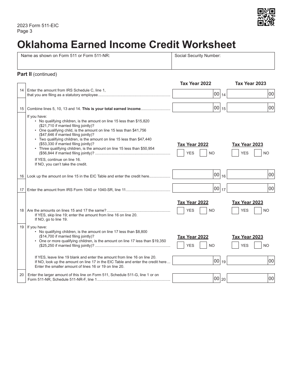 Form 511-EIC Earned Income Credit Worksheet - Oklahoma, Page 3