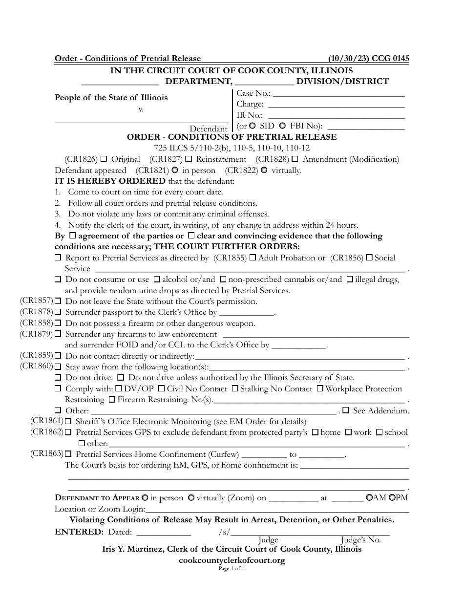 Form CCG0145 Order - Conditions of Pretrial Release - Cook County, Illinois, Page 1