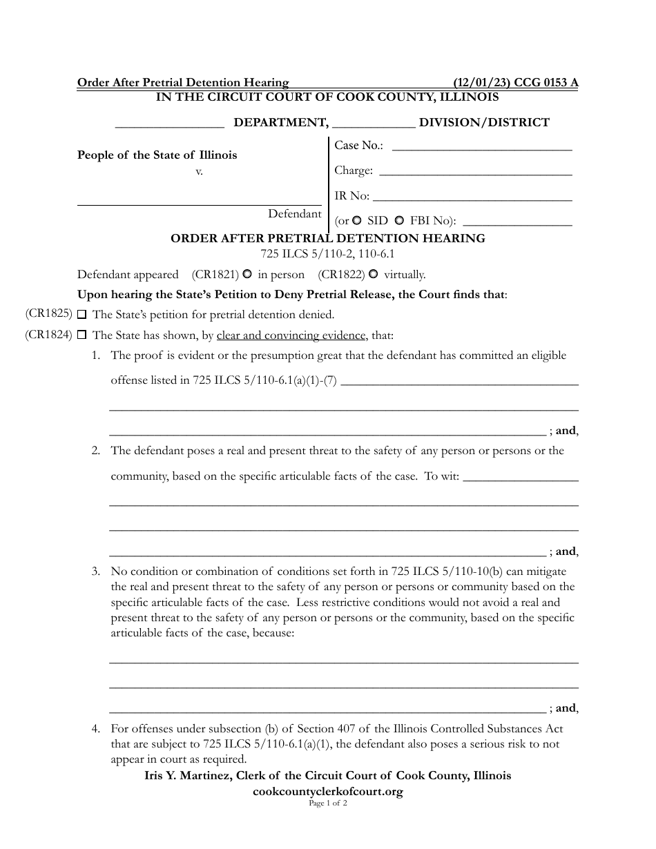 Form CCG0153 Order After Pretrial Detention Hearing - Cook County, Illinois, Page 1
