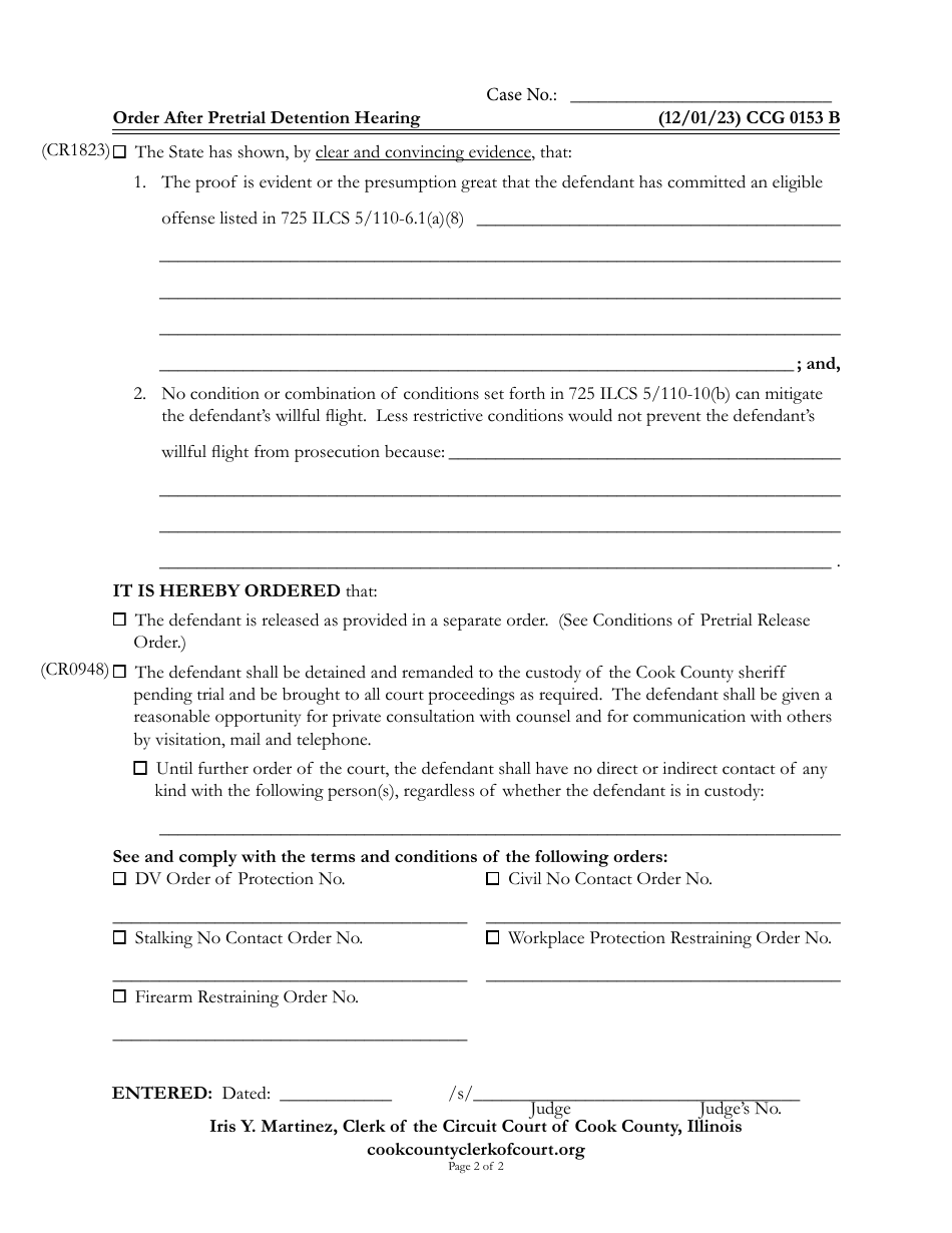 Form CCG0153 Order After Pretrial Detention Hearing - Cook County, Illinois, Page 2