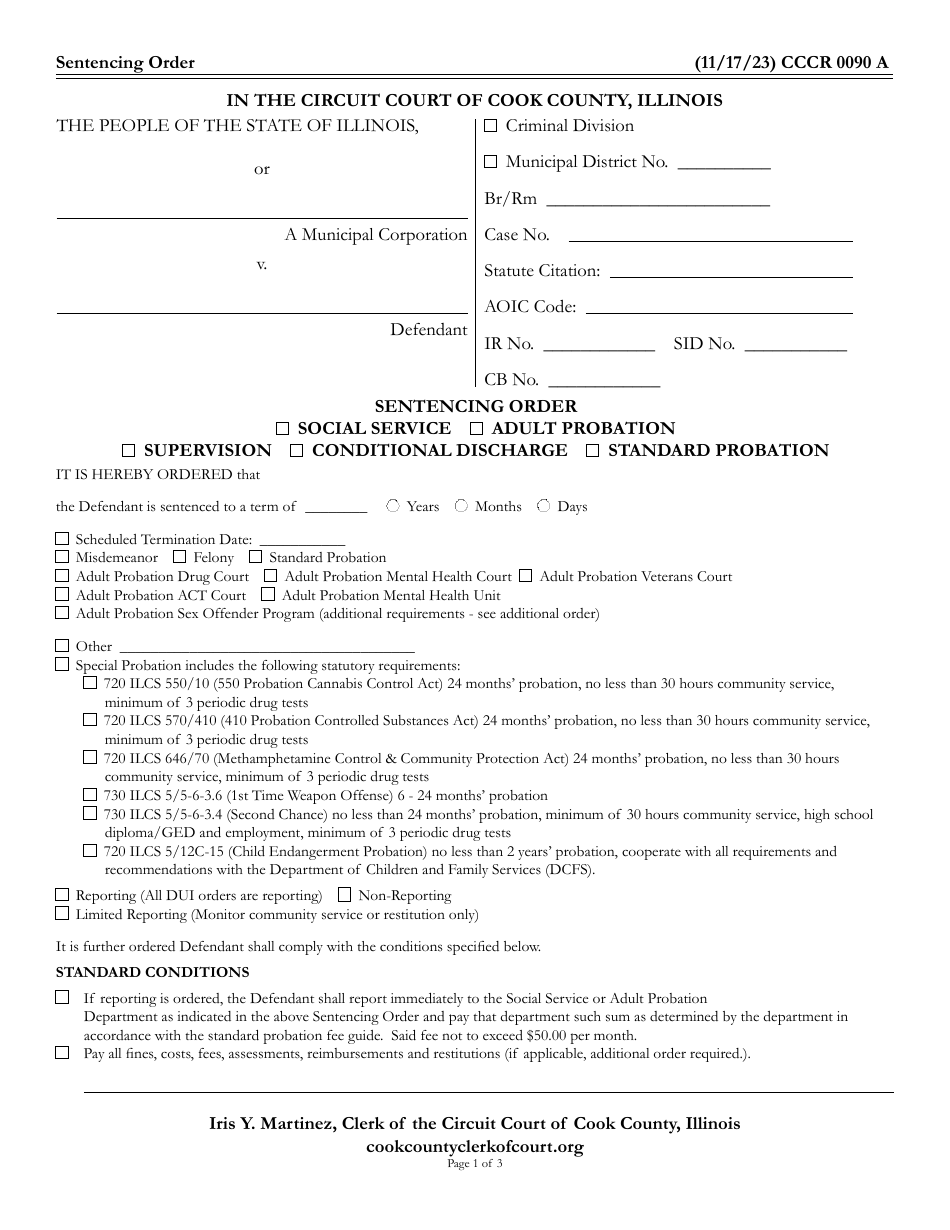 Form CCCR0090 Sentencing Order - Cook County, Illinois, Page 1