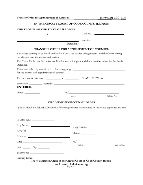 Form CCG0159 Transfer Order for Appointment of Counsel - Cook County, Illinois