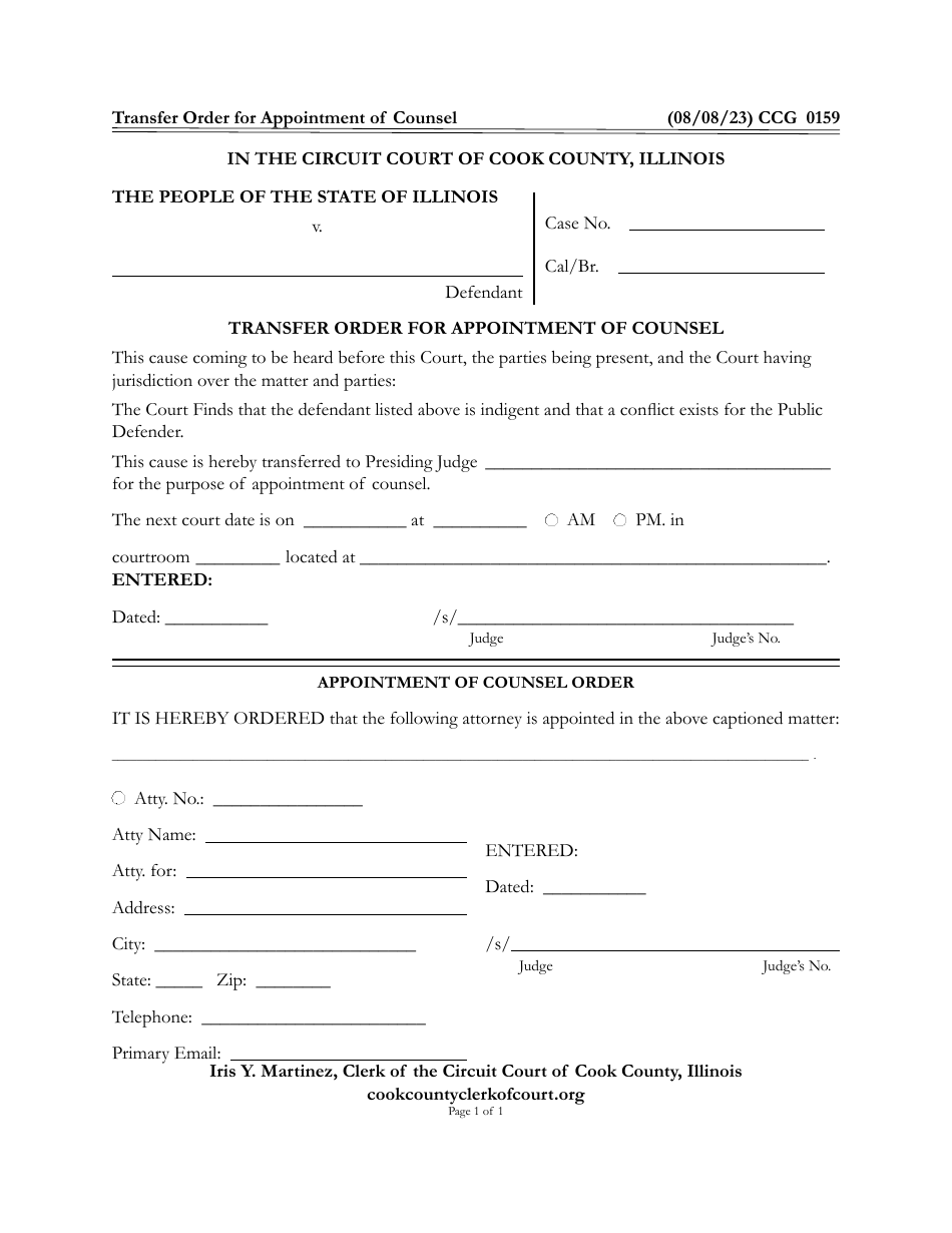 Form CCG0159 Transfer Order for Appointment of Counsel - Cook County, Illinois, Page 1
