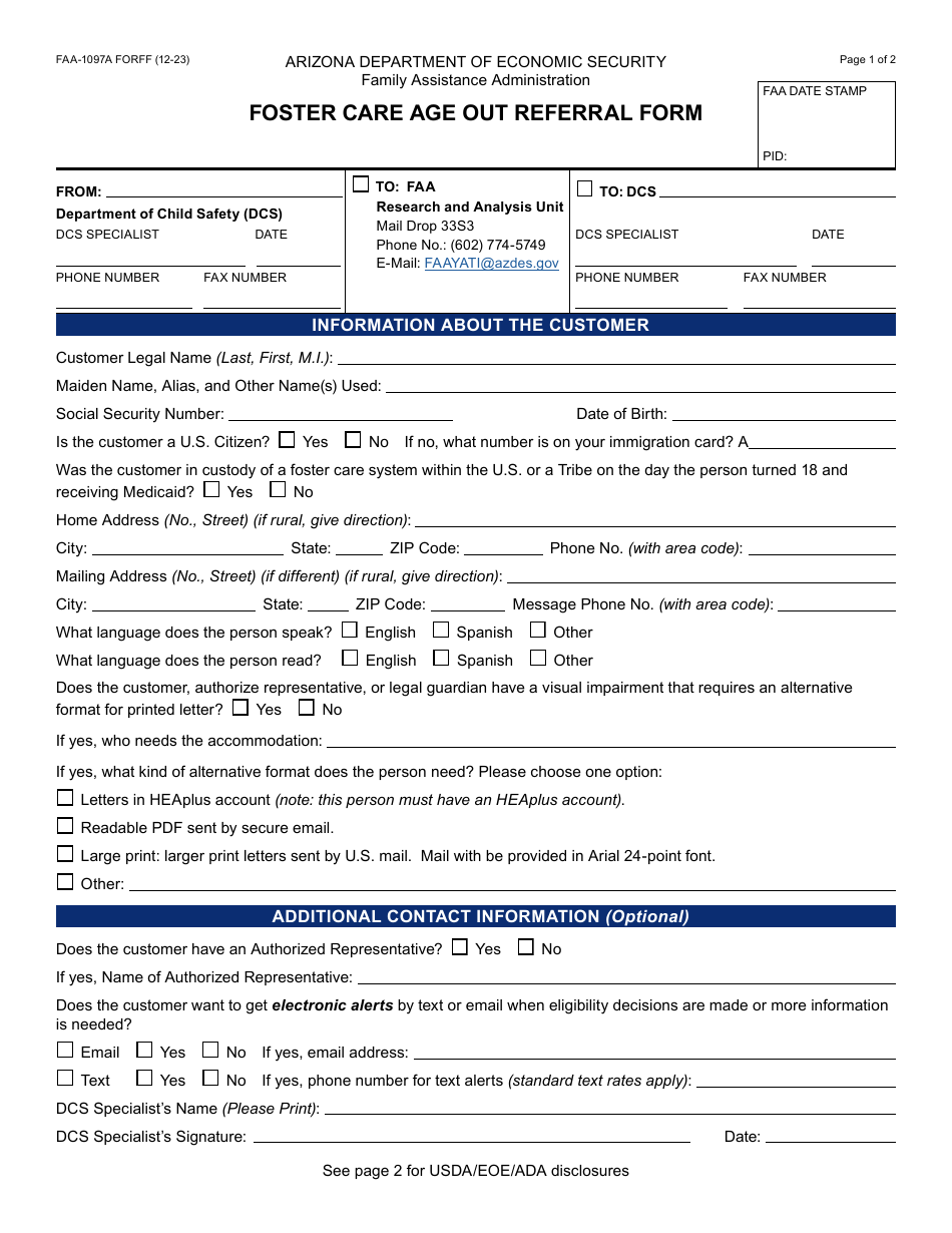 Form Faa 1097a Download Fillable Pdf Or Fill Online Foster Care Age Out Referral Form Arizona 3307