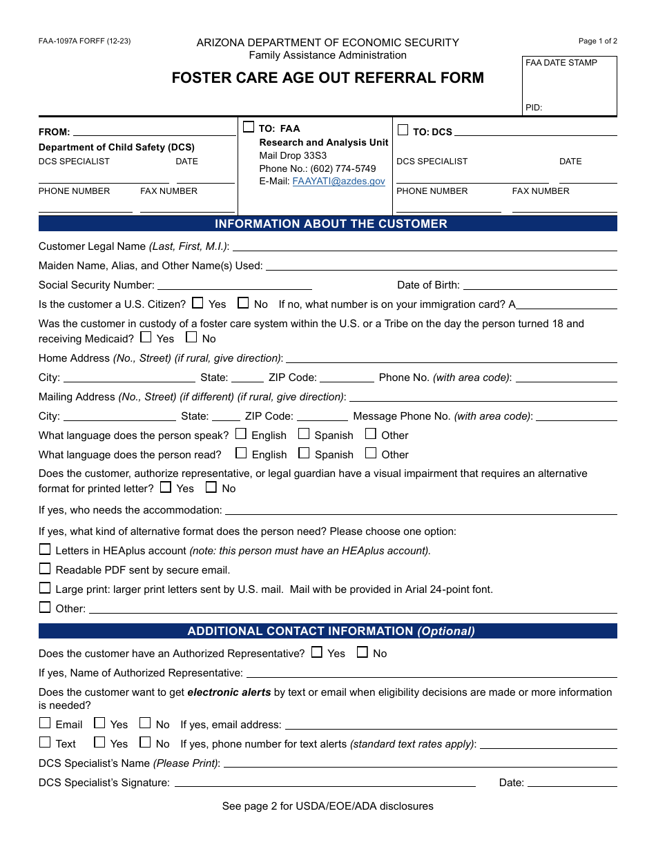 Form FAA-1097A Foster Care Age out Referral Form - Arizona, Page 1