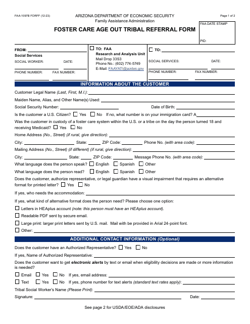 Form FAA-1097B Foster Care Age out Tribal Referral Form - Arizona