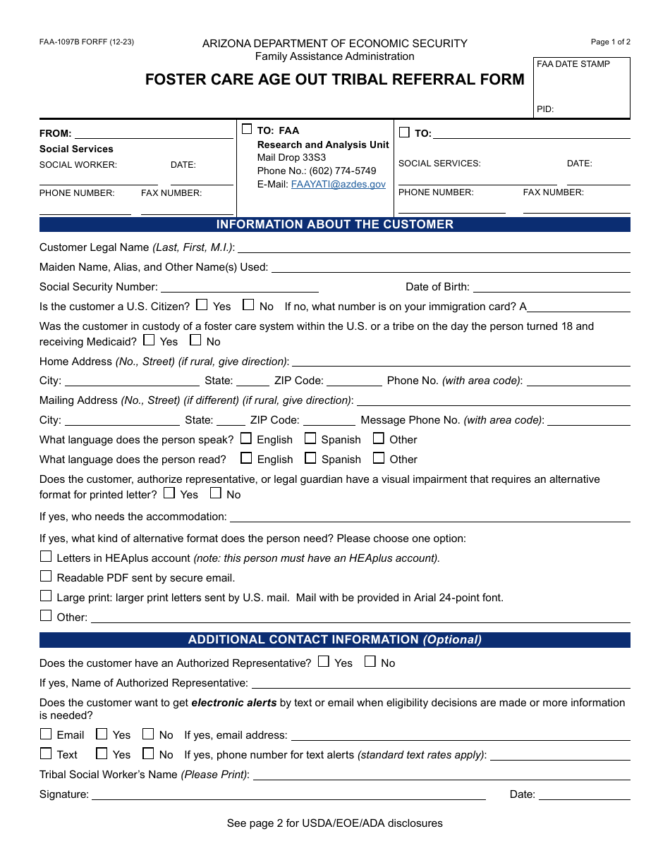 Form FAA-1097B Foster Care Age out Tribal Referral Form - Arizona, Page 1