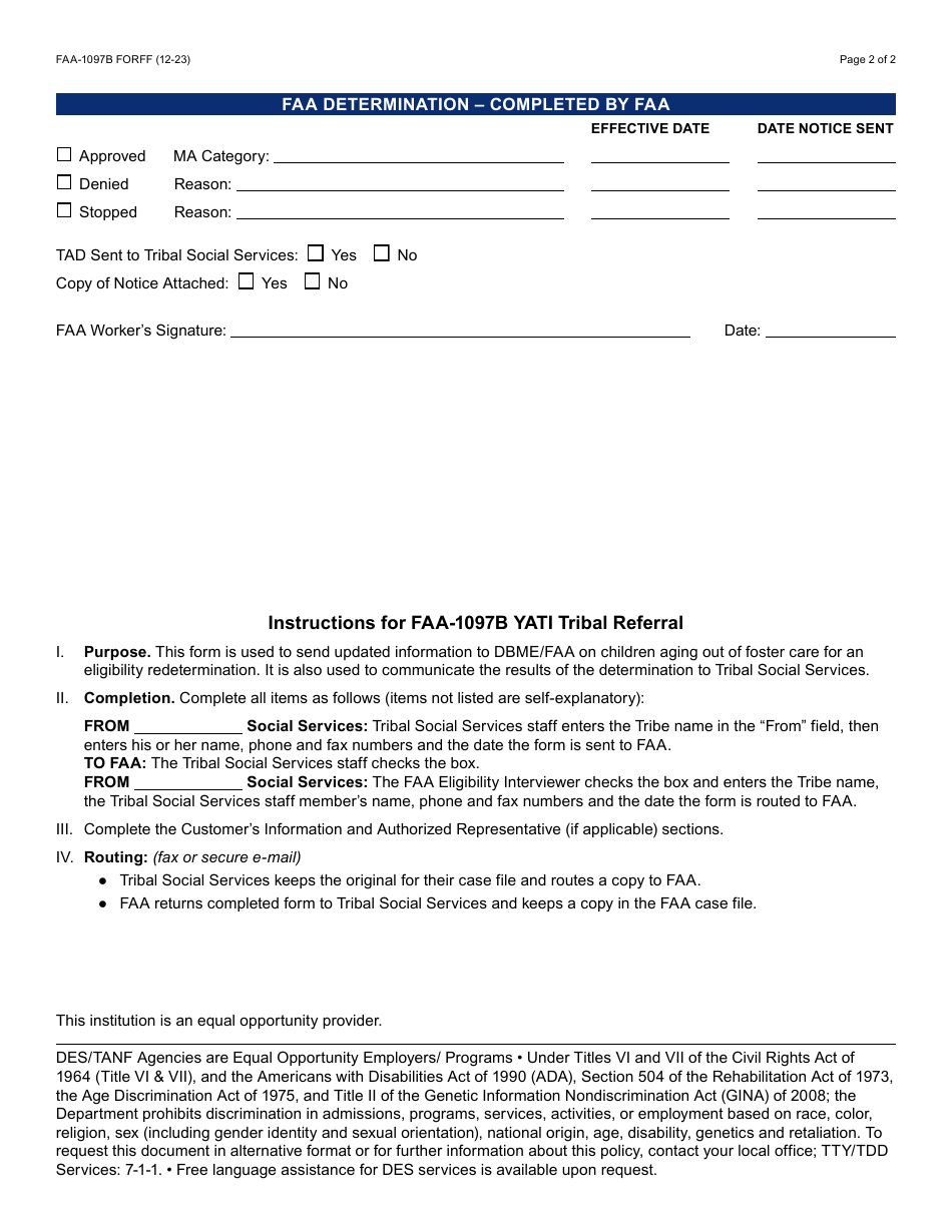 Form FAA-1097B Foster Care Age out Tribal Referral Form - Arizona, Page 2