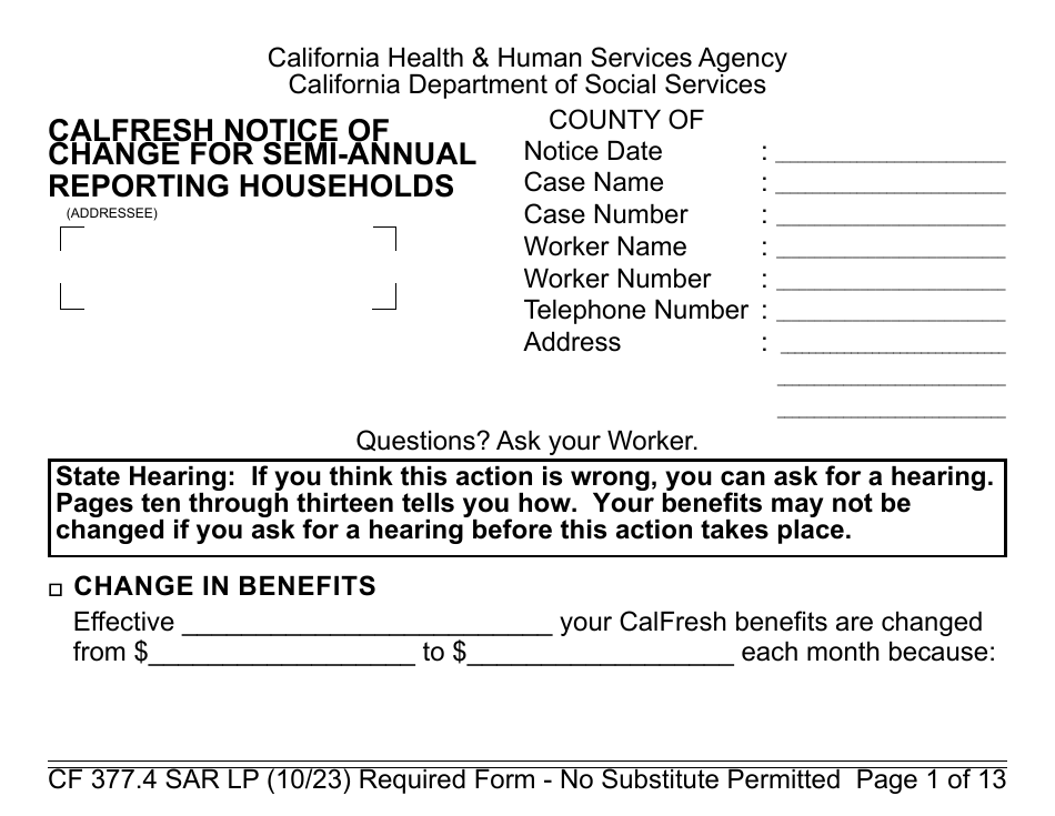 Form CF377.4 SAR LP CalFresh Notice of Change for Semi-annual Reporting Households - Large Print - California, Page 1
