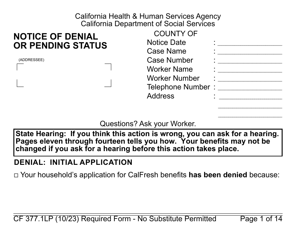 Form CF377.1A LP Notice of Denial or Pending Status - Large Print - California, Page 1