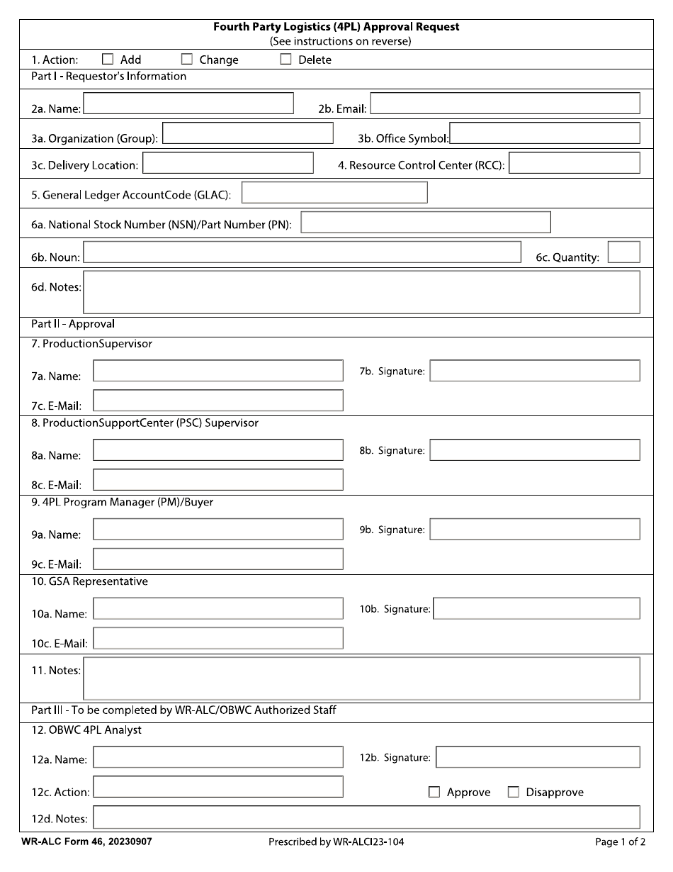 WR-ALC Form 46 Fourth Party Logistics (4pl) Approval Request, Page 1