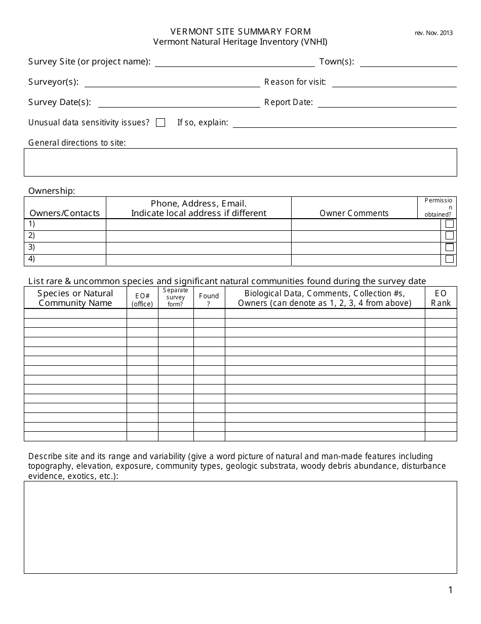 Vermont Site Summary Form - Vermont Natural Heritage Inventory (Vnhi) - Vermont, Page 1