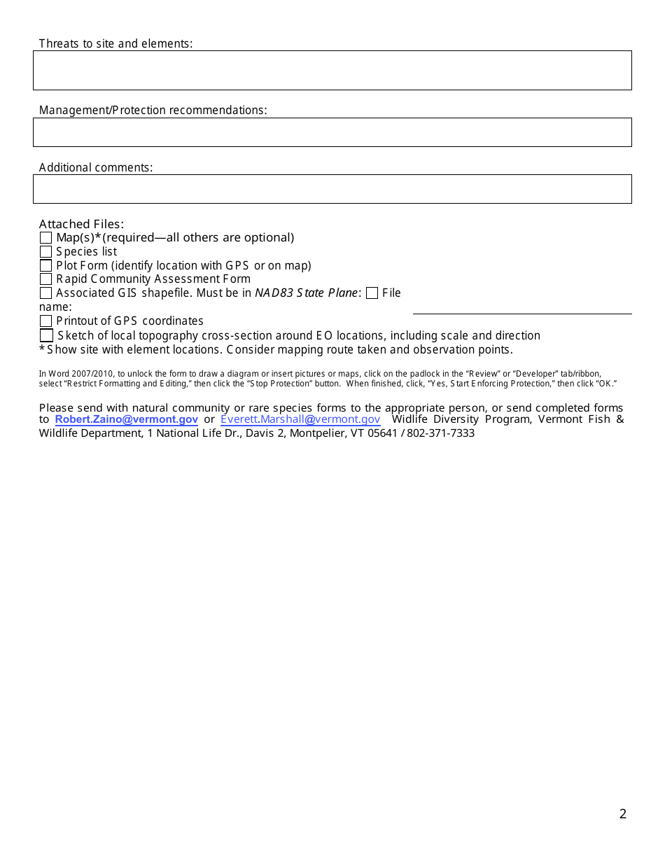 Vermont Site Summary Form - Vermont Natural Heritage Inventory (Vnhi) - Vermont, Page 2