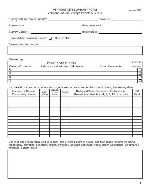 Vermont Site Summary Form - Vermont Natural Heritage Inventory (Vnhi) - Vermont Download Pdf