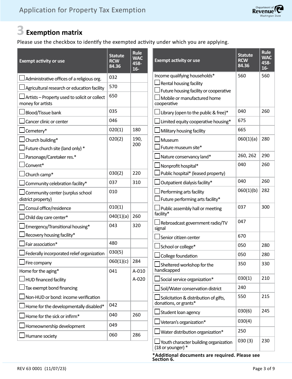 Form REV63 0001 Application for Property Tax Exemption - Washington, Page 3