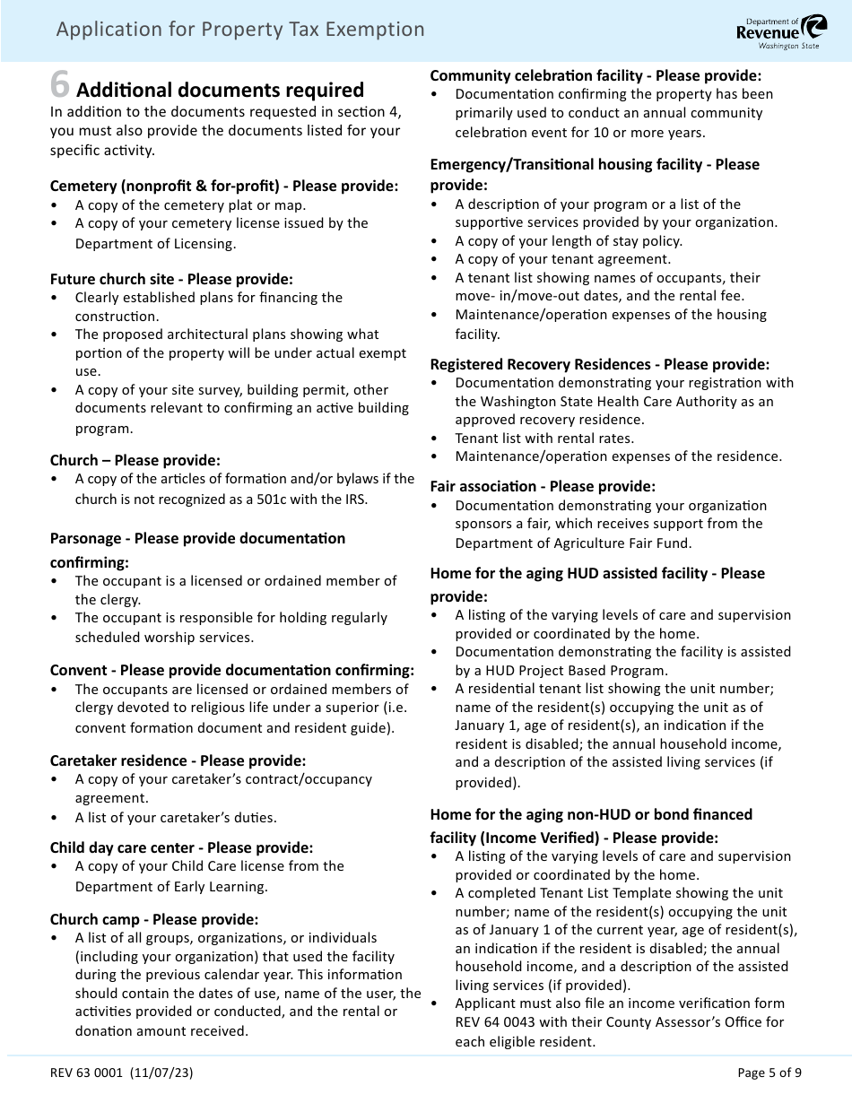 Form REV63 0001 Application for Property Tax Exemption - Washington, Page 5