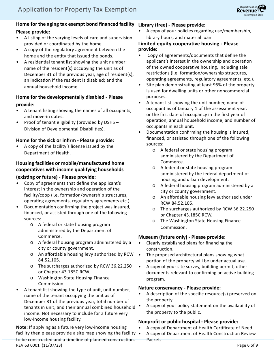 Form REV63 0001 Application for Property Tax Exemption - Washington, Page 6
