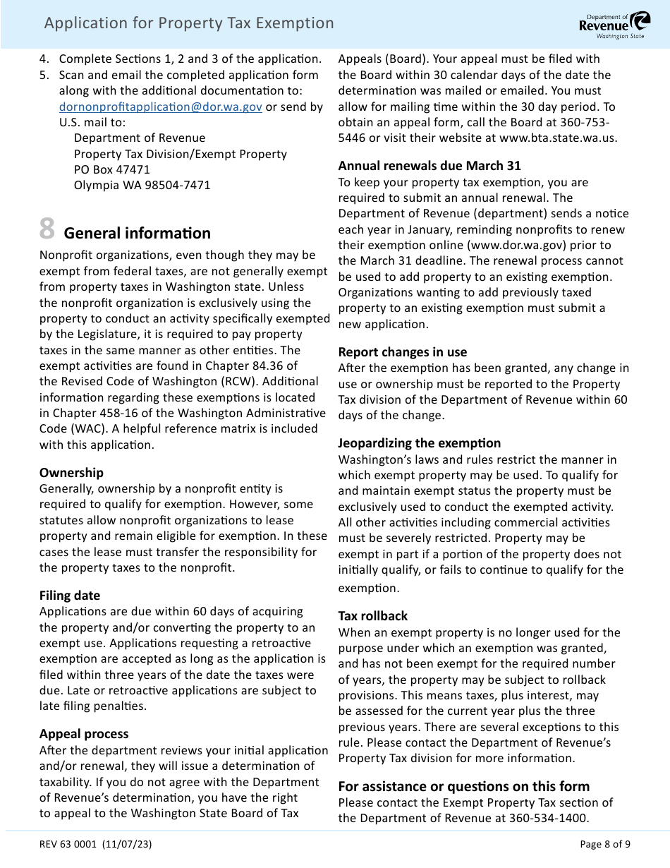 Form REV63 0001 Application for Property Tax Exemption - Washington, Page 8