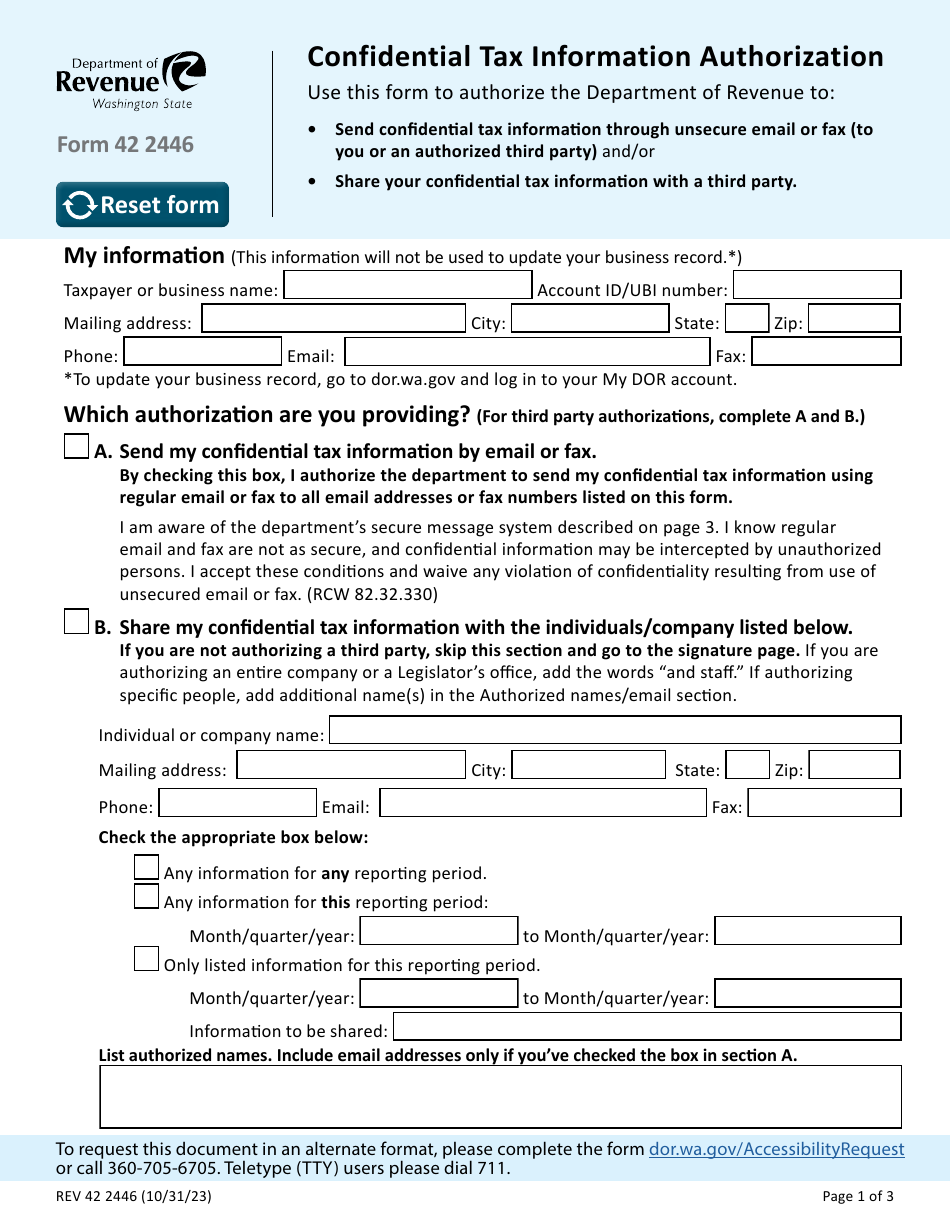 Form REV42 2446 Confidential Tax Information Authorization - Washington, Page 1