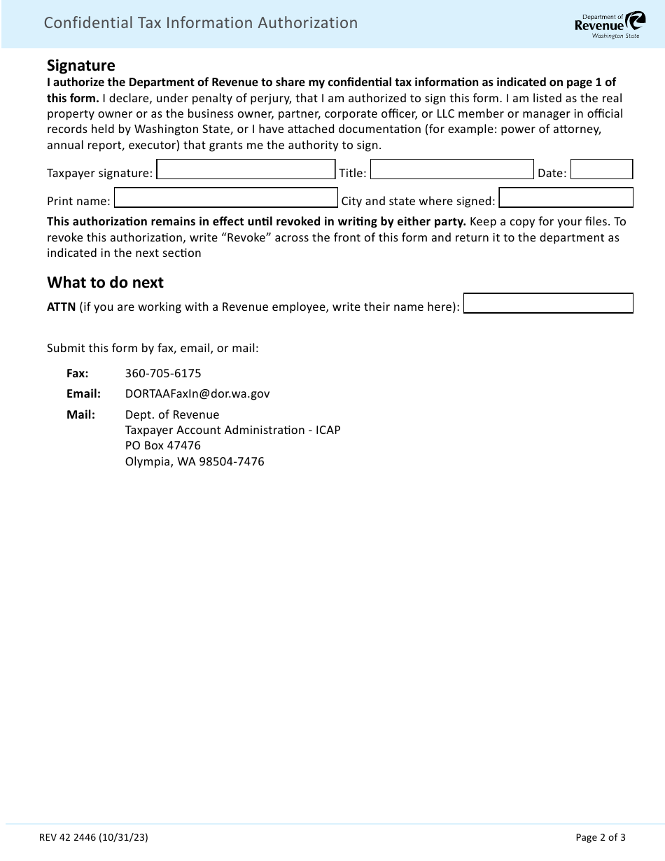 Form REV42 2446 Confidential Tax Information Authorization - Washington, Page 2