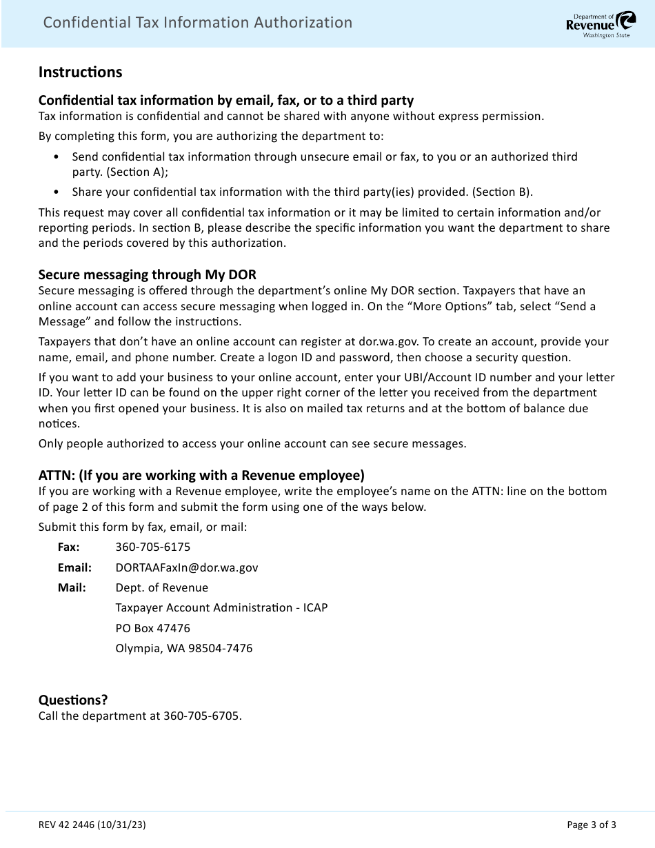 Form REV42 2446 Confidential Tax Information Authorization - Washington, Page 3