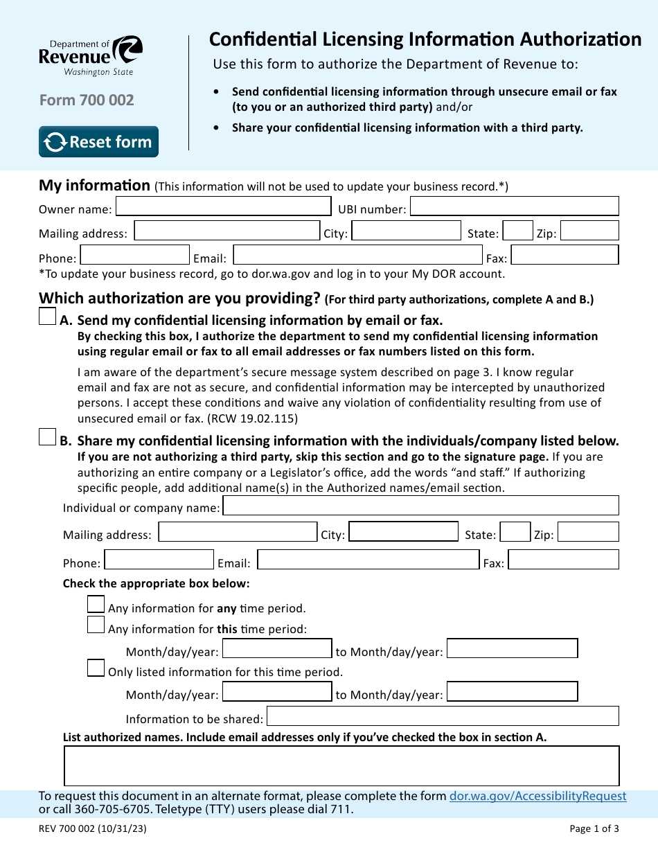Form REV700 002 Confidential Licensing Information Authorization - Washington, Page 1