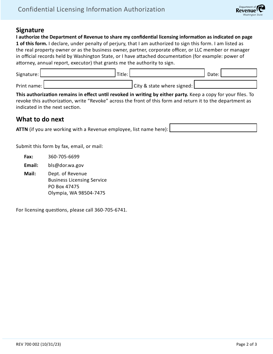 Form REV700 002 Confidential Licensing Information Authorization - Washington, Page 2