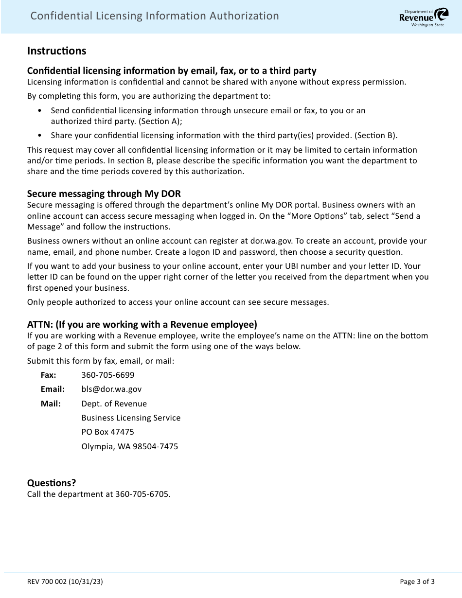 Form REV700 002 Confidential Licensing Information Authorization - Washington, Page 3