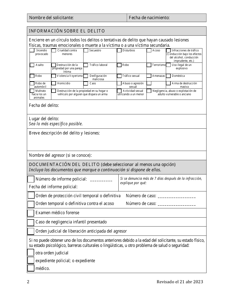 Solicitud Del Programa De Indemnizacion a Las Victimas De Delitos (Cvcp) - Washington, D.C. (Spanish), Page 2
