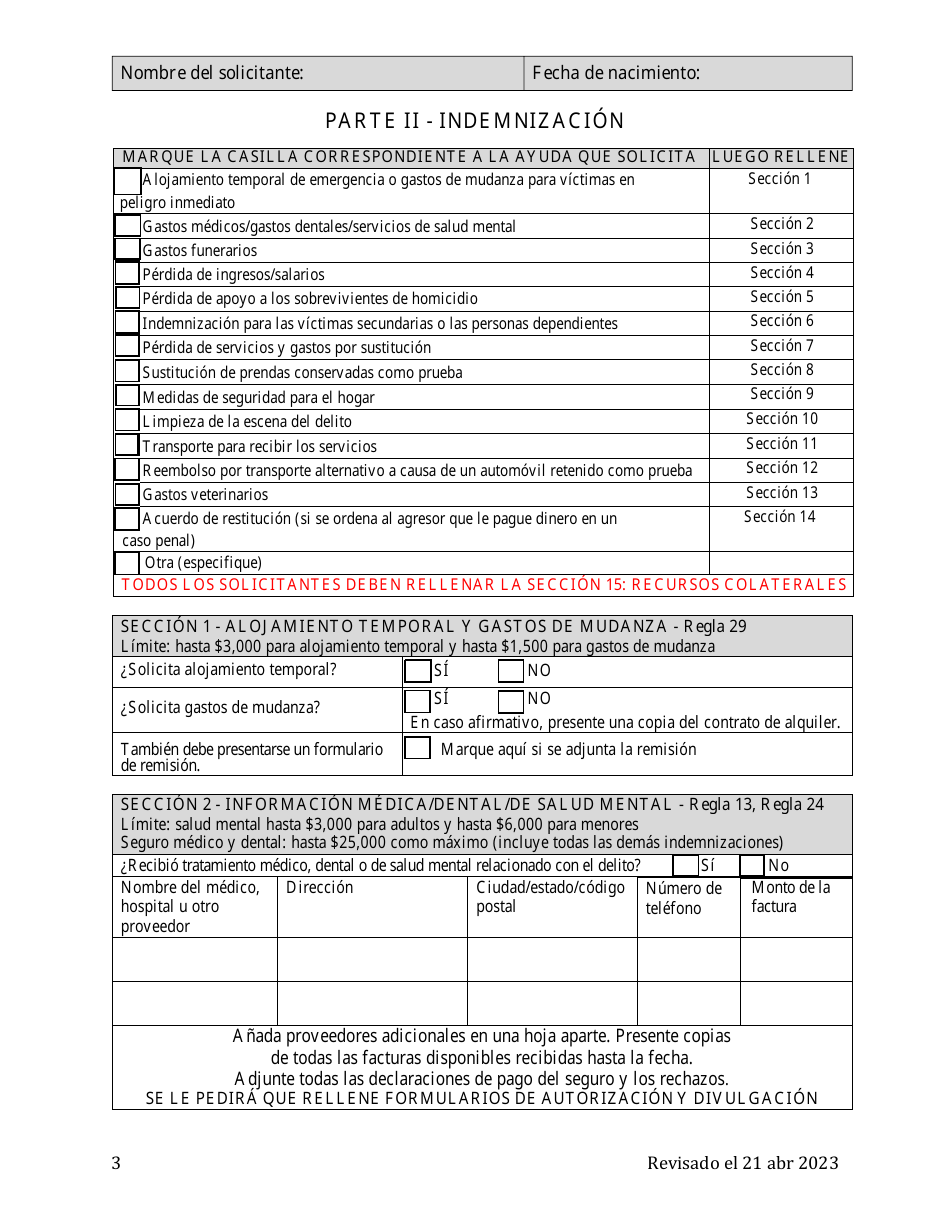 Solicitud Del Programa De Indemnizacion a Las Victimas De Delitos (Cvcp) - Washington, D.C. (Spanish), Page 3