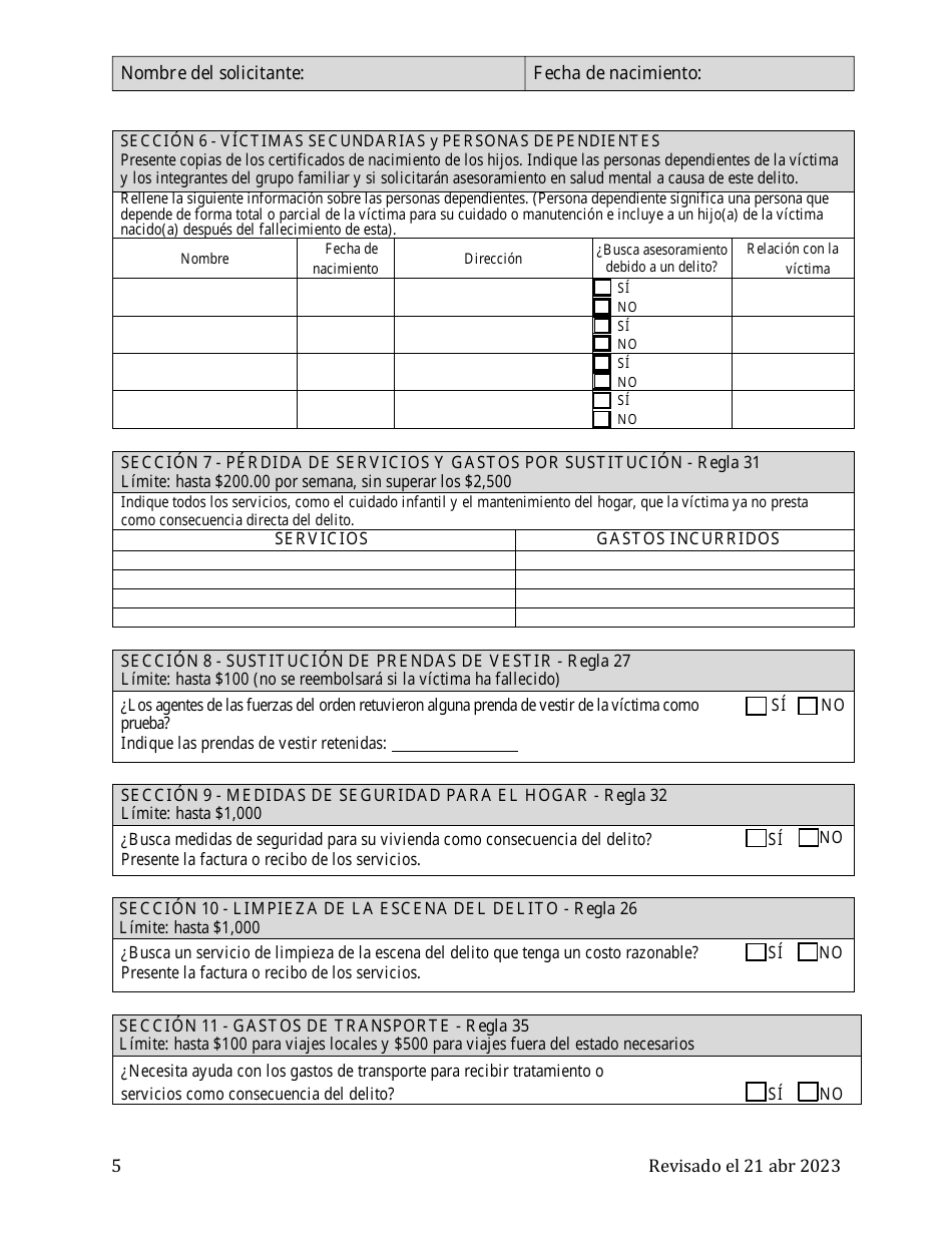 Solicitud Del Programa De Indemnizacion a Las Victimas De Delitos (Cvcp) - Washington, D.C. (Spanish), Page 5