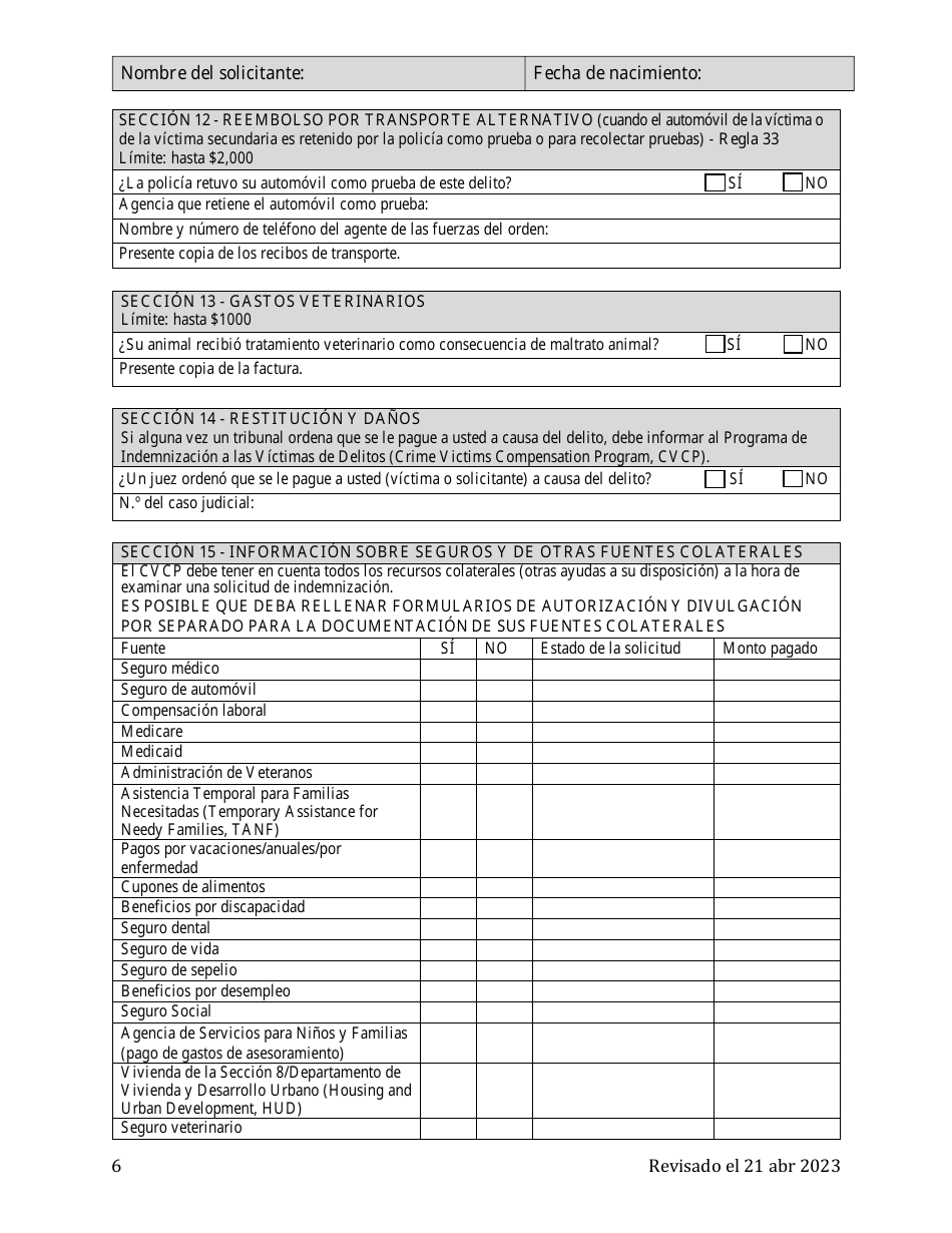 Solicitud Del Programa De Indemnizacion a Las Victimas De Delitos (Cvcp) - Washington, D.C. (Spanish), Page 6
