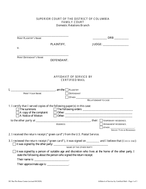 Affidavit of Service by Certified Mail - Washington, D.C. Download Pdf