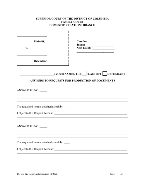 Answers to Requests for Production of Documents for Pro Se or Self-represented Persons - Washington, D.C. Download Pdf