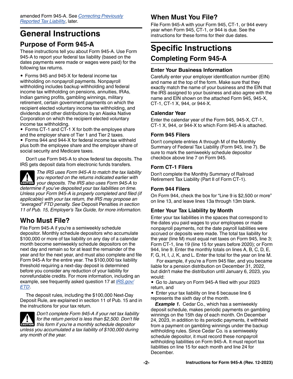 Instructions for IRS Form 945-A Annual Record of Federal Tax Liability, Page 2