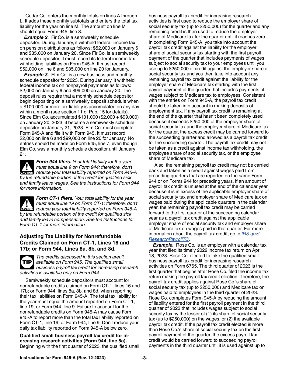 Download Instructions for IRS Form 945A Annual Record of Federal Tax