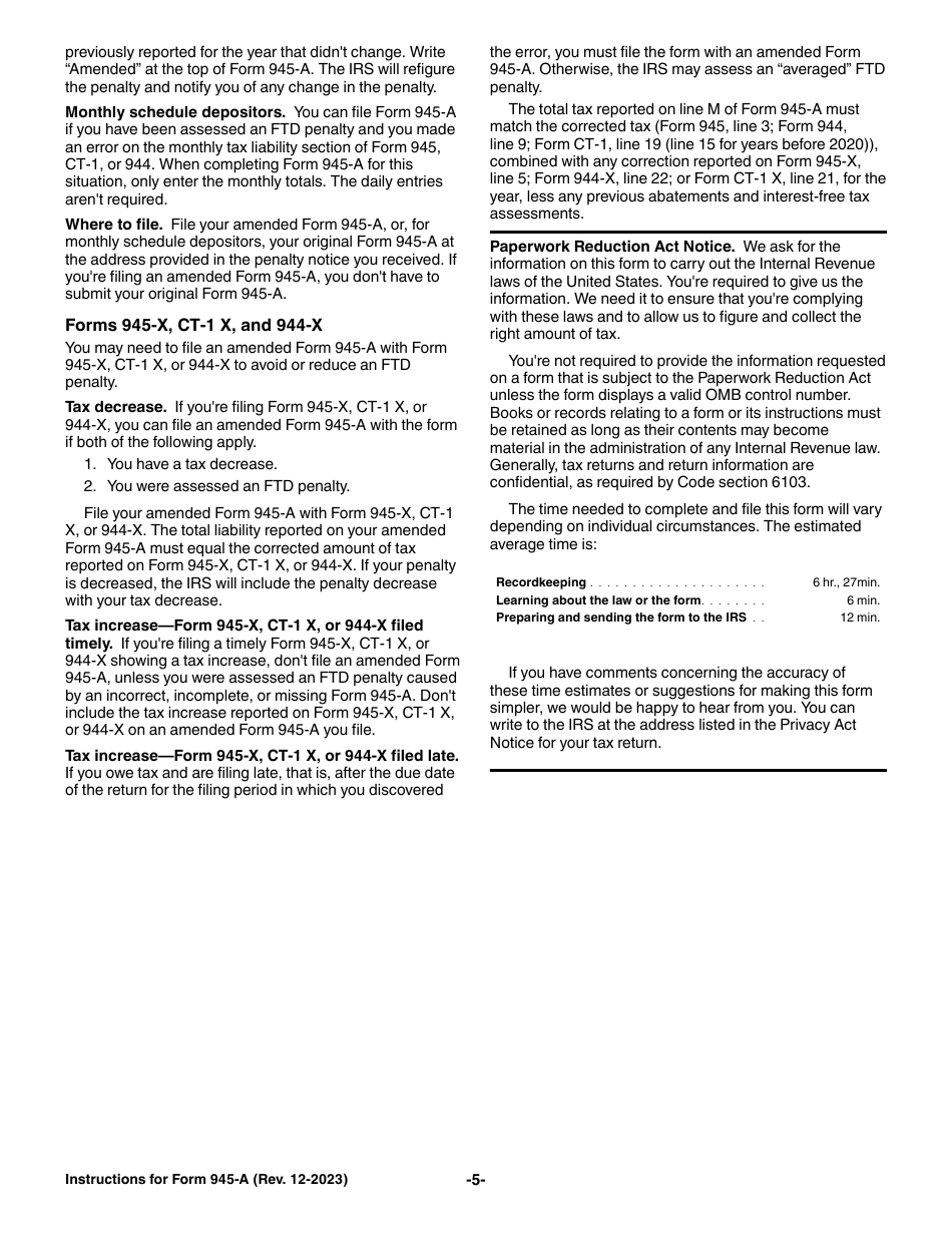 Instructions for IRS Form 945-A Annual Record of Federal Tax Liability, Page 5
