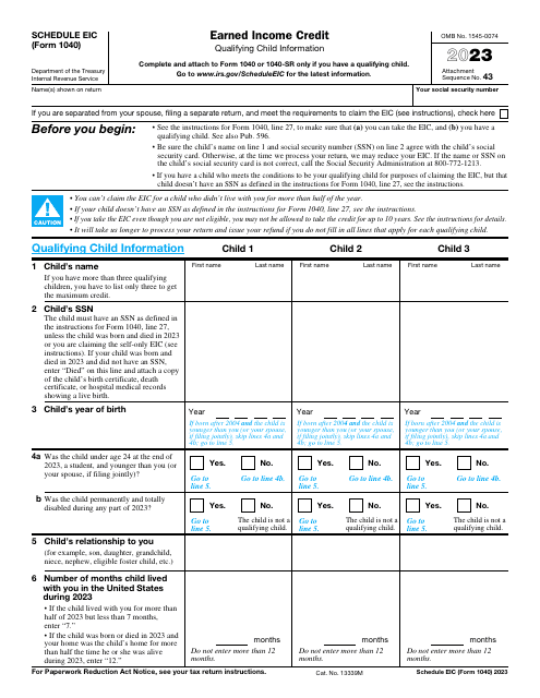 IRS Form 1040 Schedule EIC 2023 Printable Pdf