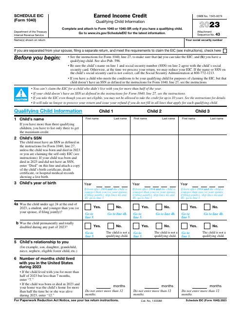 IRS Form 1040 Schedule EIC Earned Income Credit, 2023