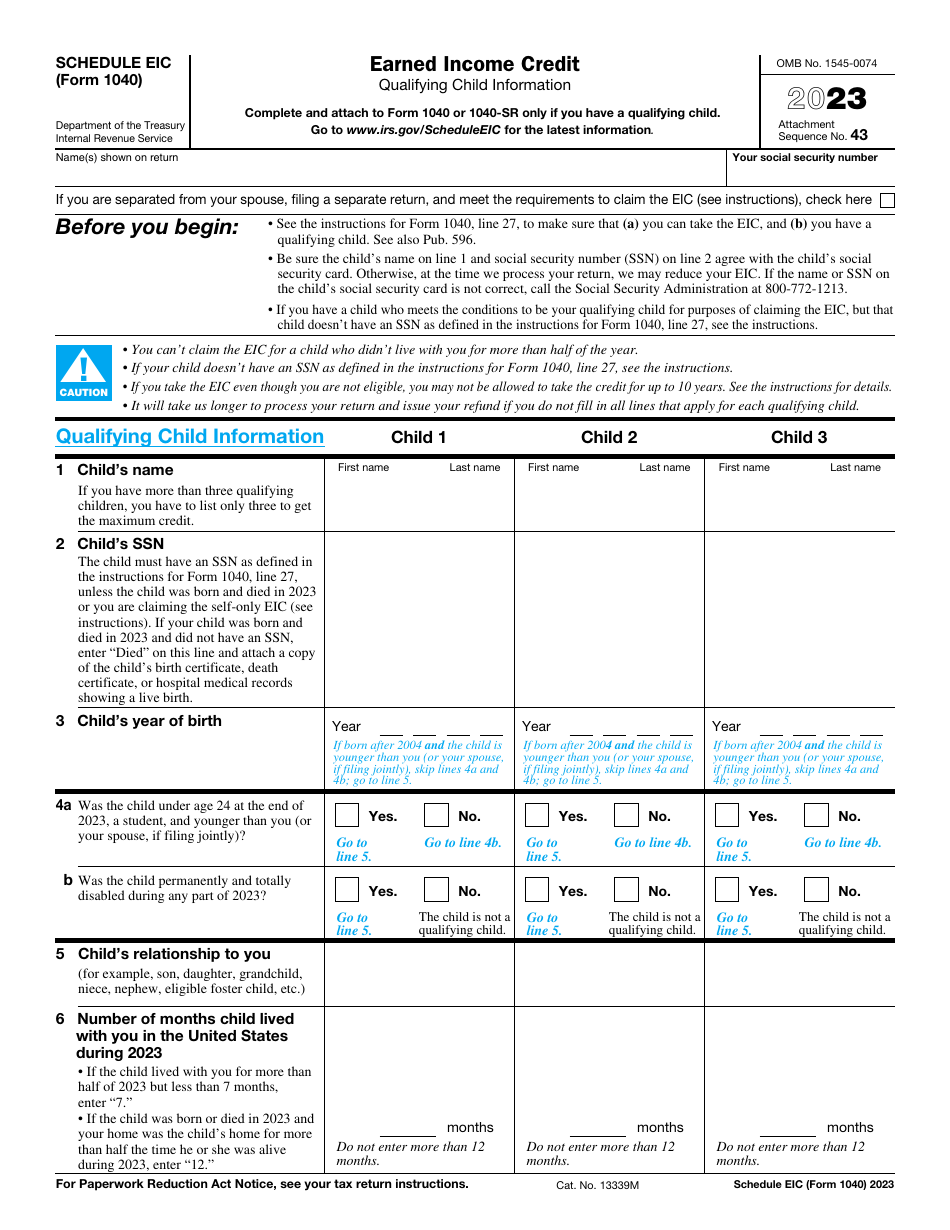 IRS Form 1040 Schedule EIC Earned Income Credit, Page 1